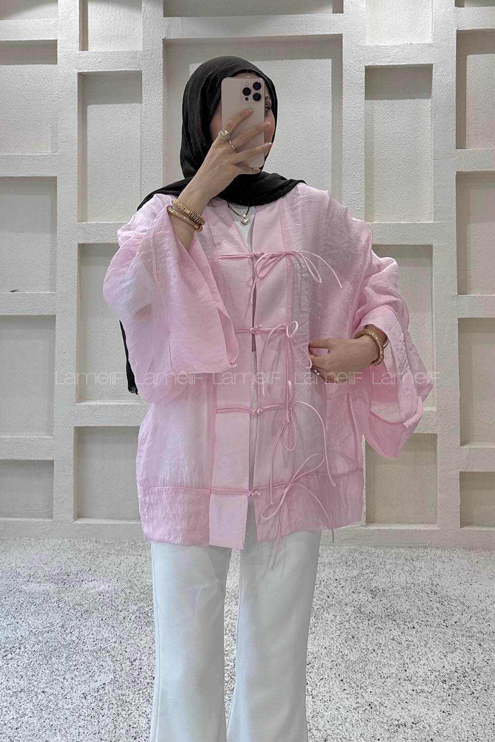 Lamelif Bağlama Detaylı Tül Kimono Pembe