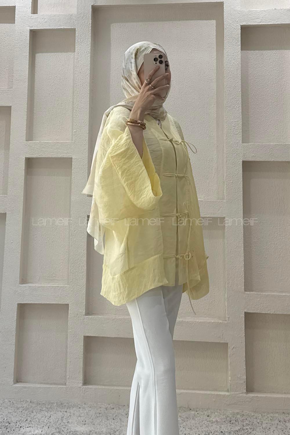 Lamelif Bağlama Detaylı Tül Kimono Sarı