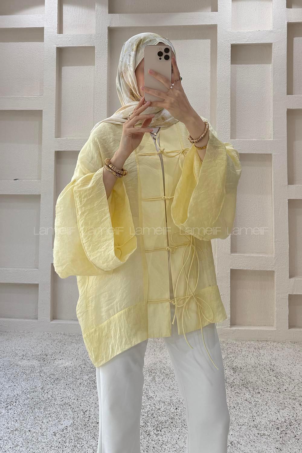 Lamelif Bağlama Detaylı Tül Kimono Sarı