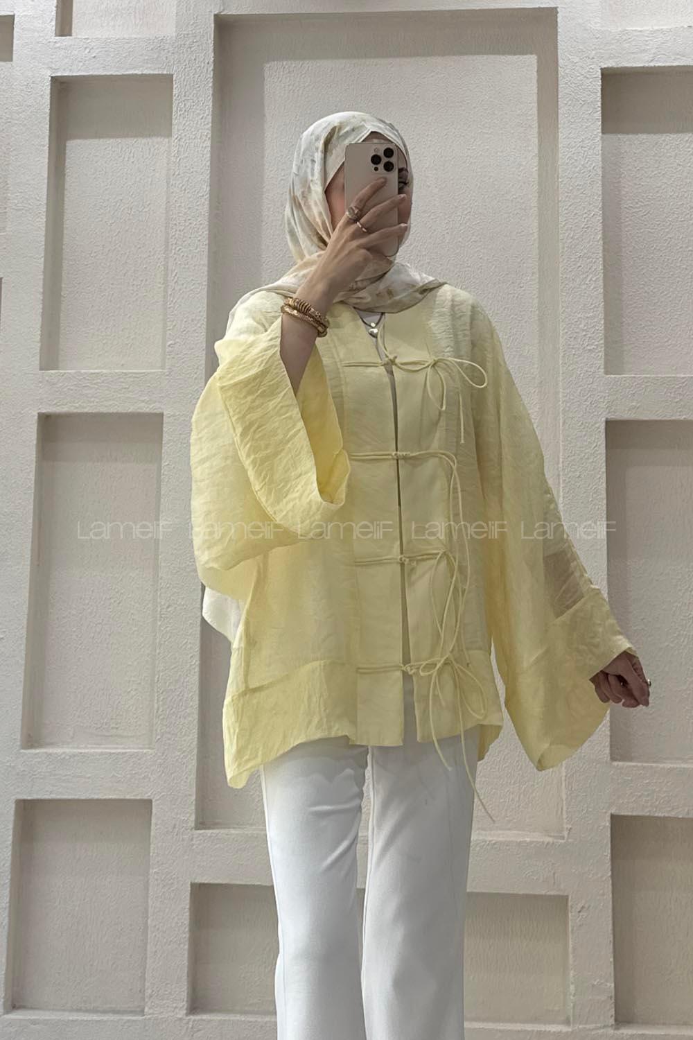 Lamelif Bağlama Detaylı Tül Kimono Sarı