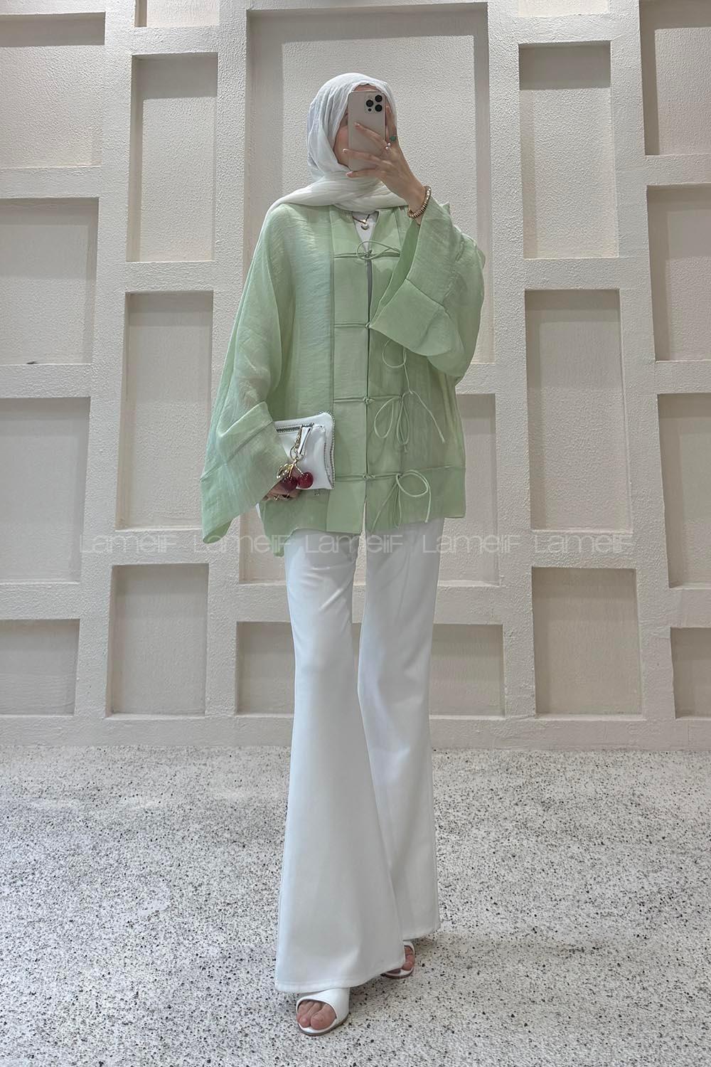 Lamelif Bağlama Detaylı Tül Kimono Yeşil