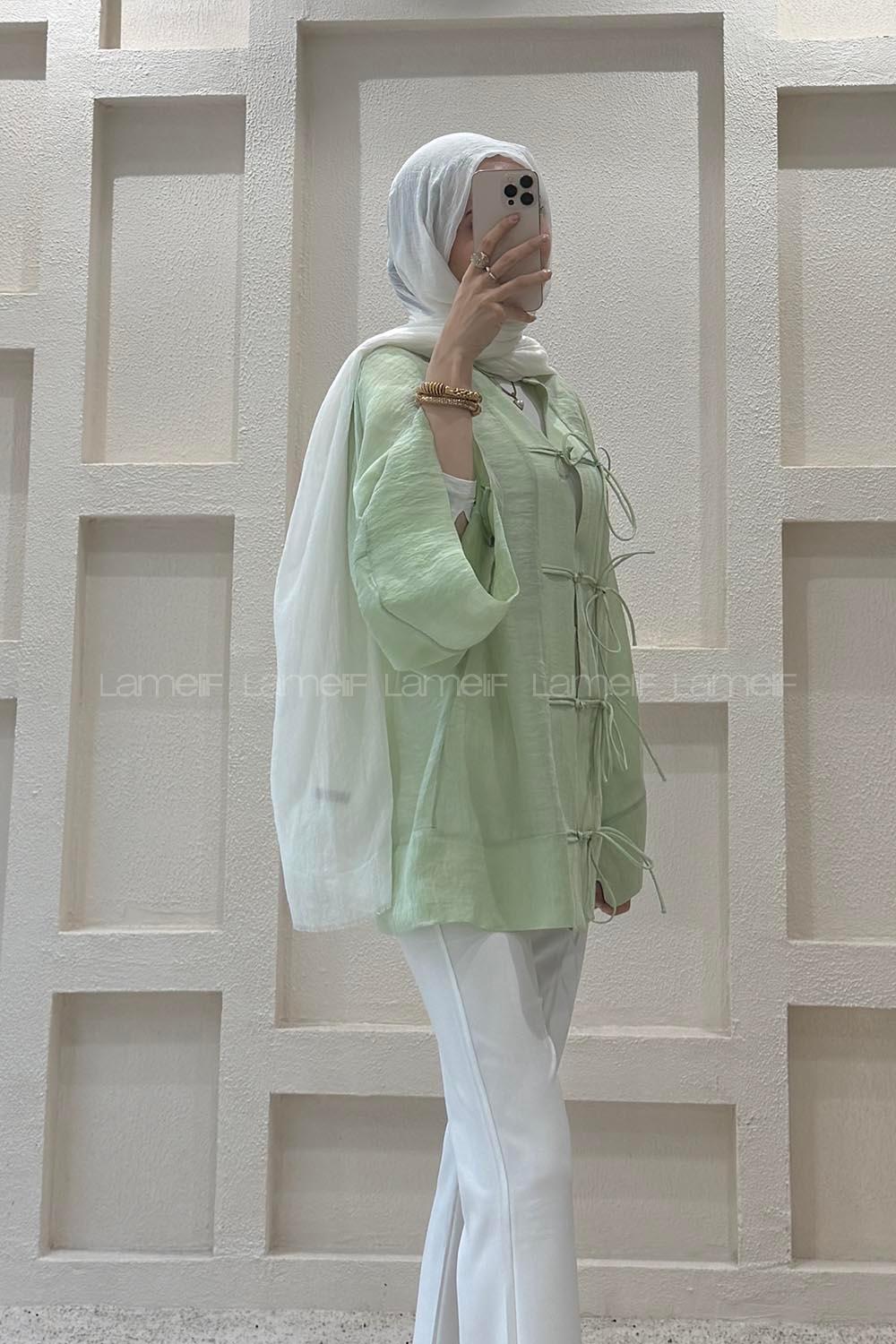Lamelif Bağlama Detaylı Tül Kimono Yeşil