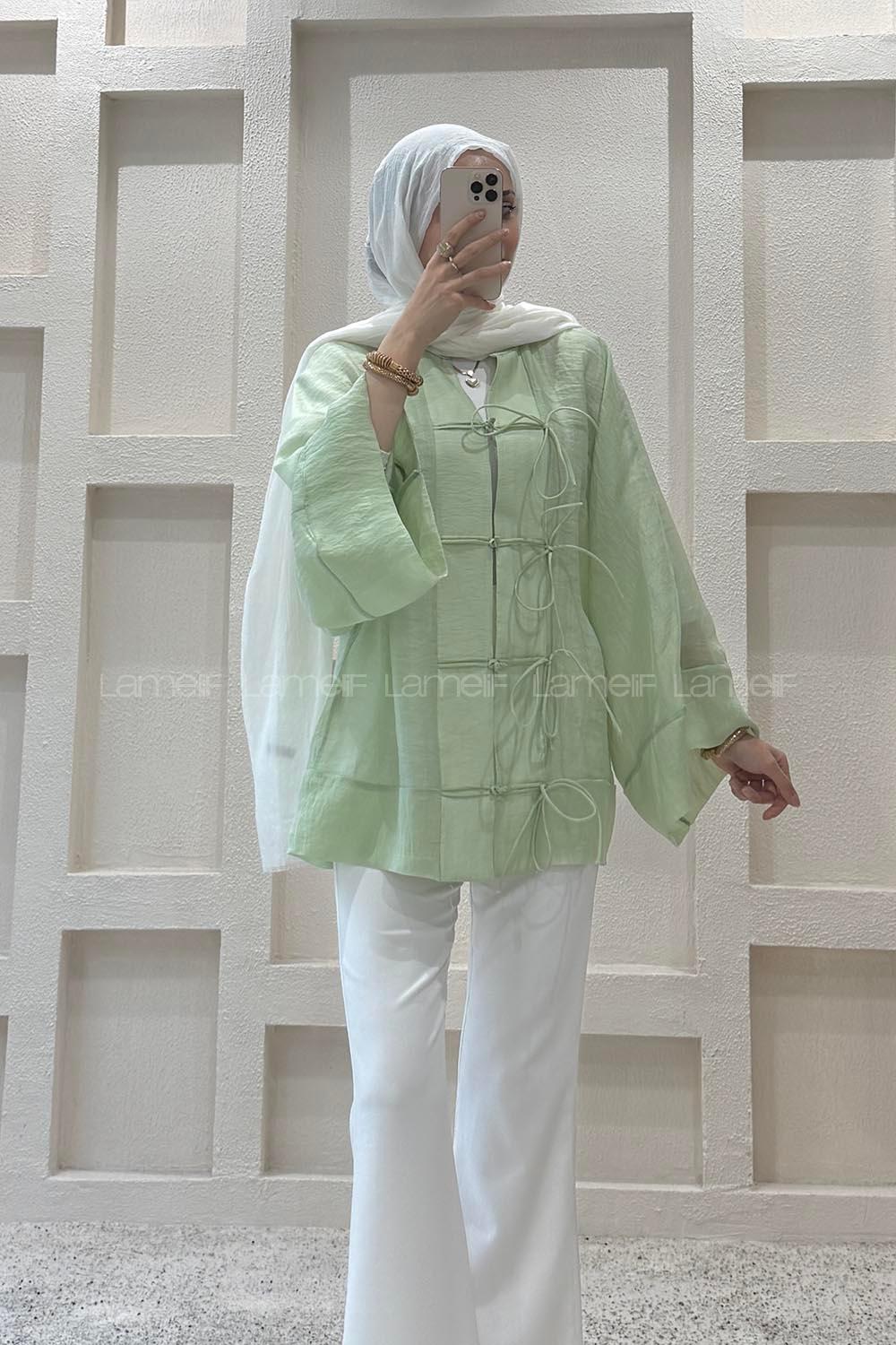 Lamelif Bağlama Detaylı Tül Kimono Yeşil