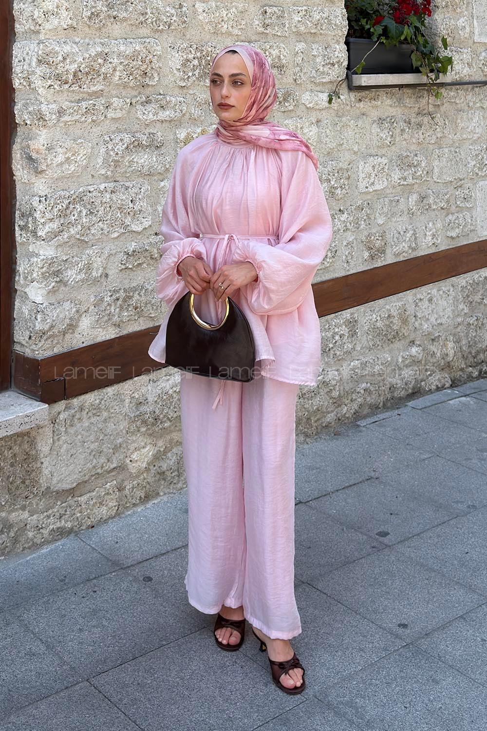 Lamelif Balon Kol Bluz-Pantolon Takım Pembe