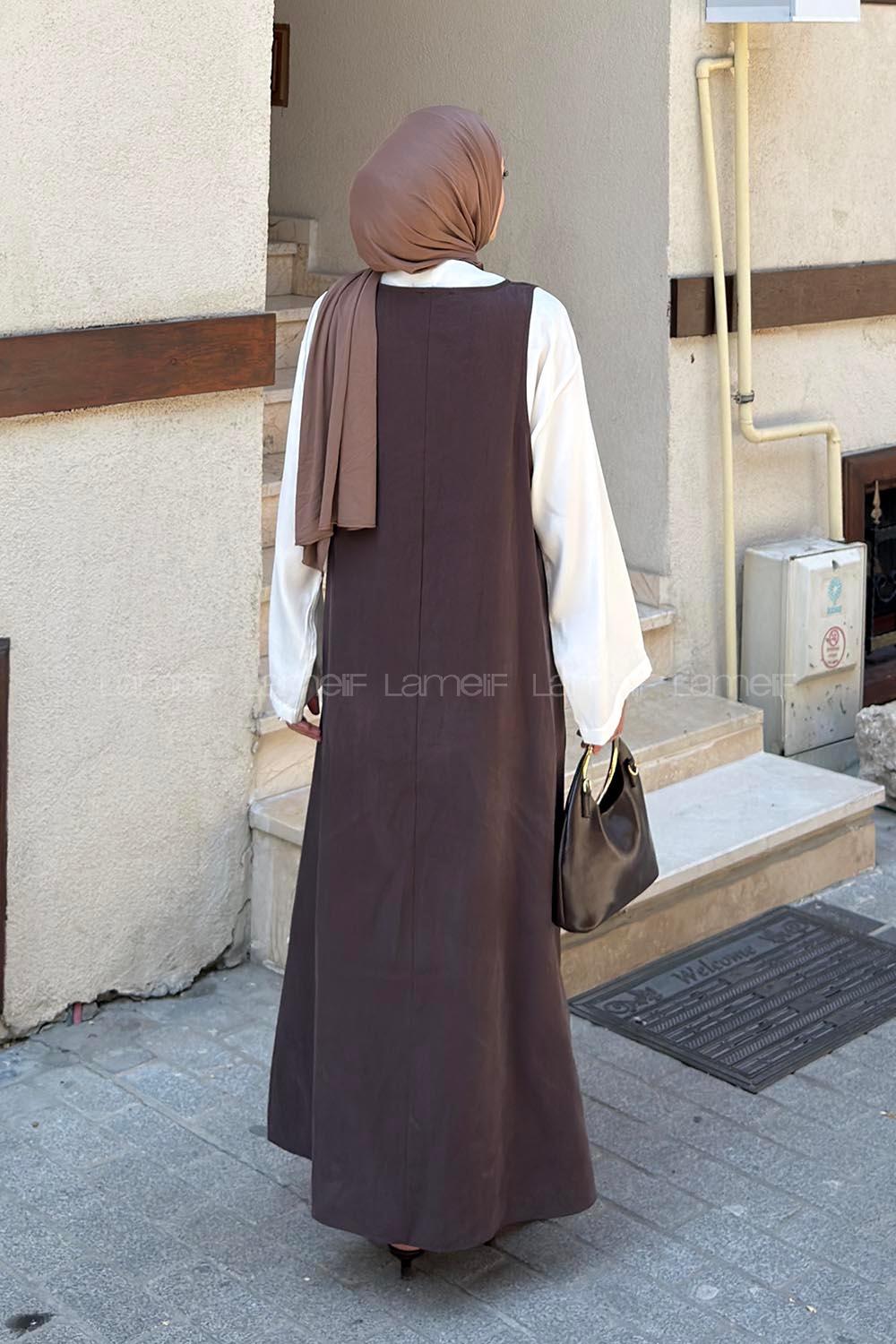 Brown Crew Neck Unprinted Dresess