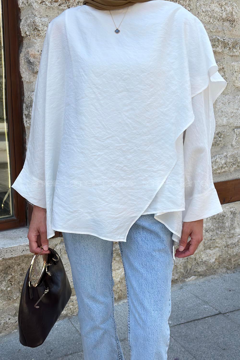 White Crew Neck Long Arm Cotton Blouse