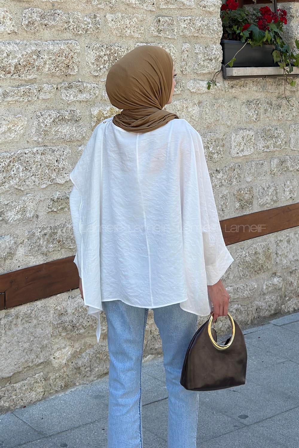 White Crew Neck Long Arm Cotton Blouse