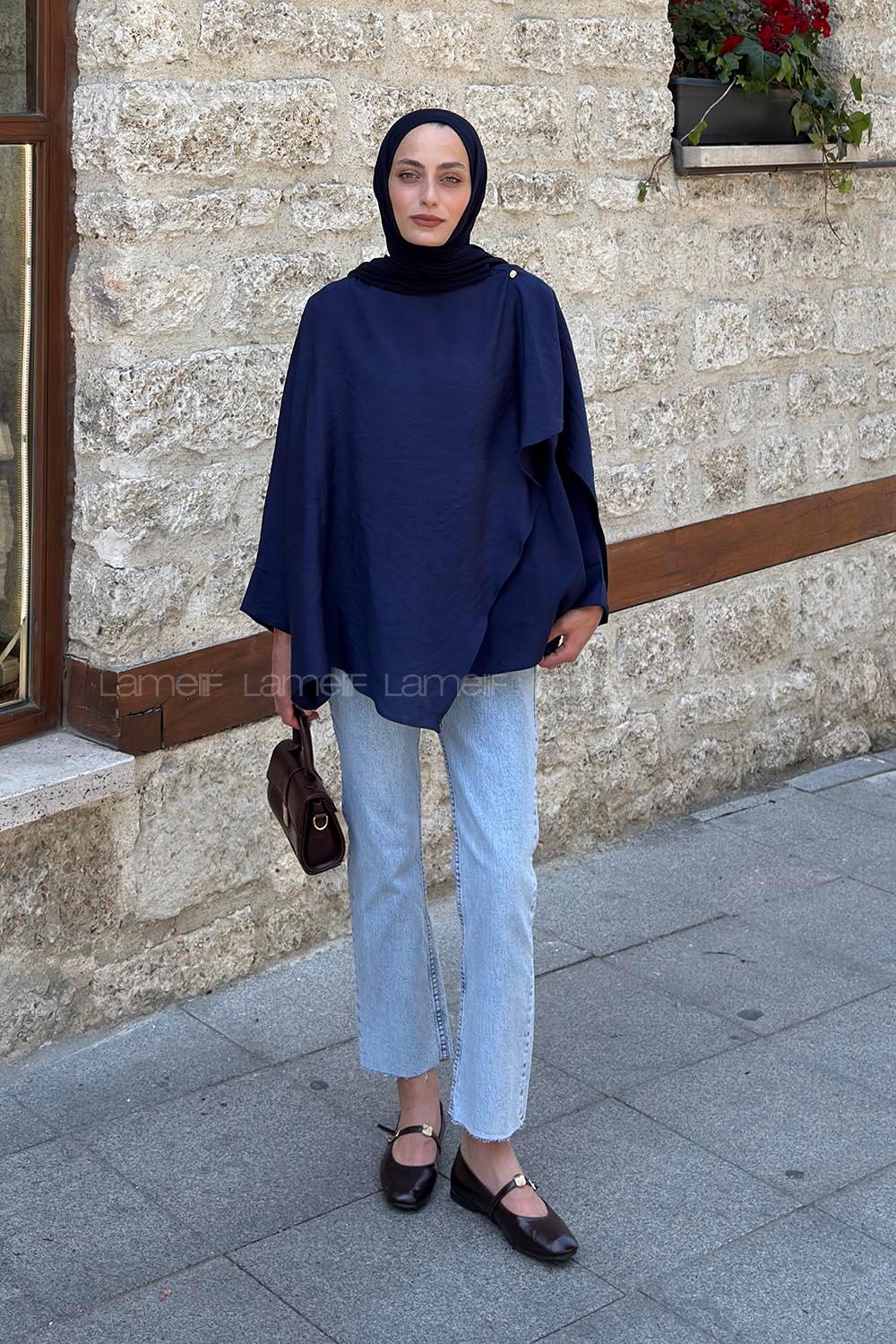 Navy Blue Crew Neck Long Arm Cotton Blouse