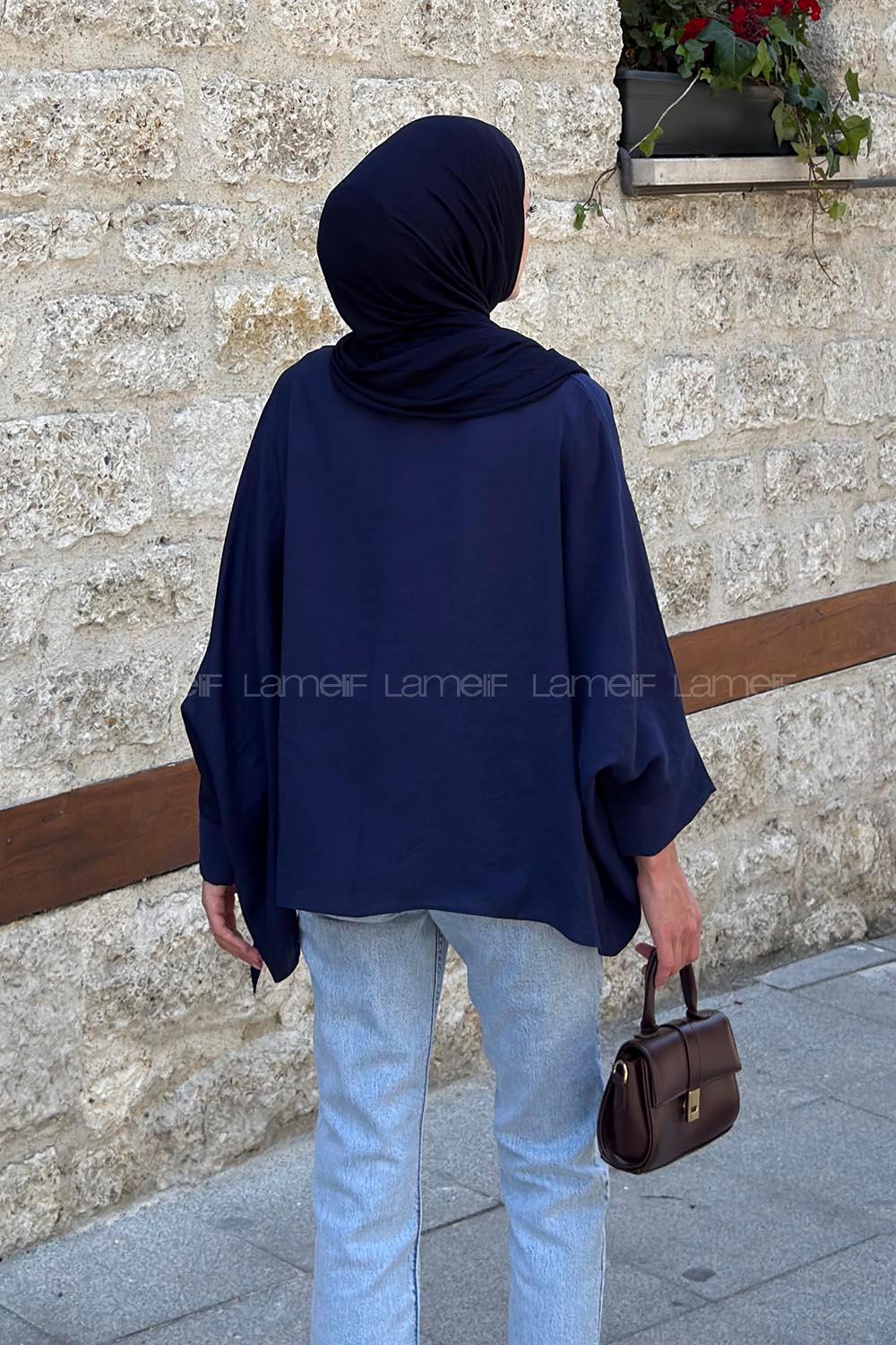 Navy Blue Crew Neck Long Arm Cotton Blouse