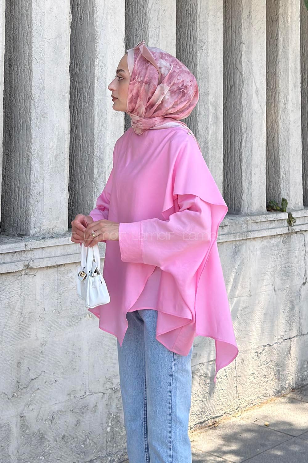 Pink Crew Neck Long Arm Cotton Blouse