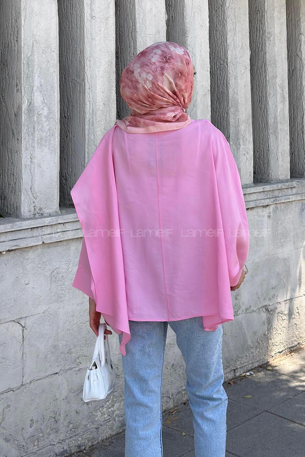 Pink Crew Neck Long Arm Cotton Blouse