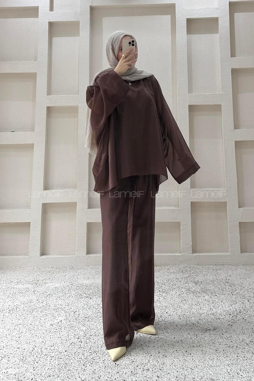 Bitter Brown Crew Neck Long Arm Cotton Regular Trousers Comfortable Suit
