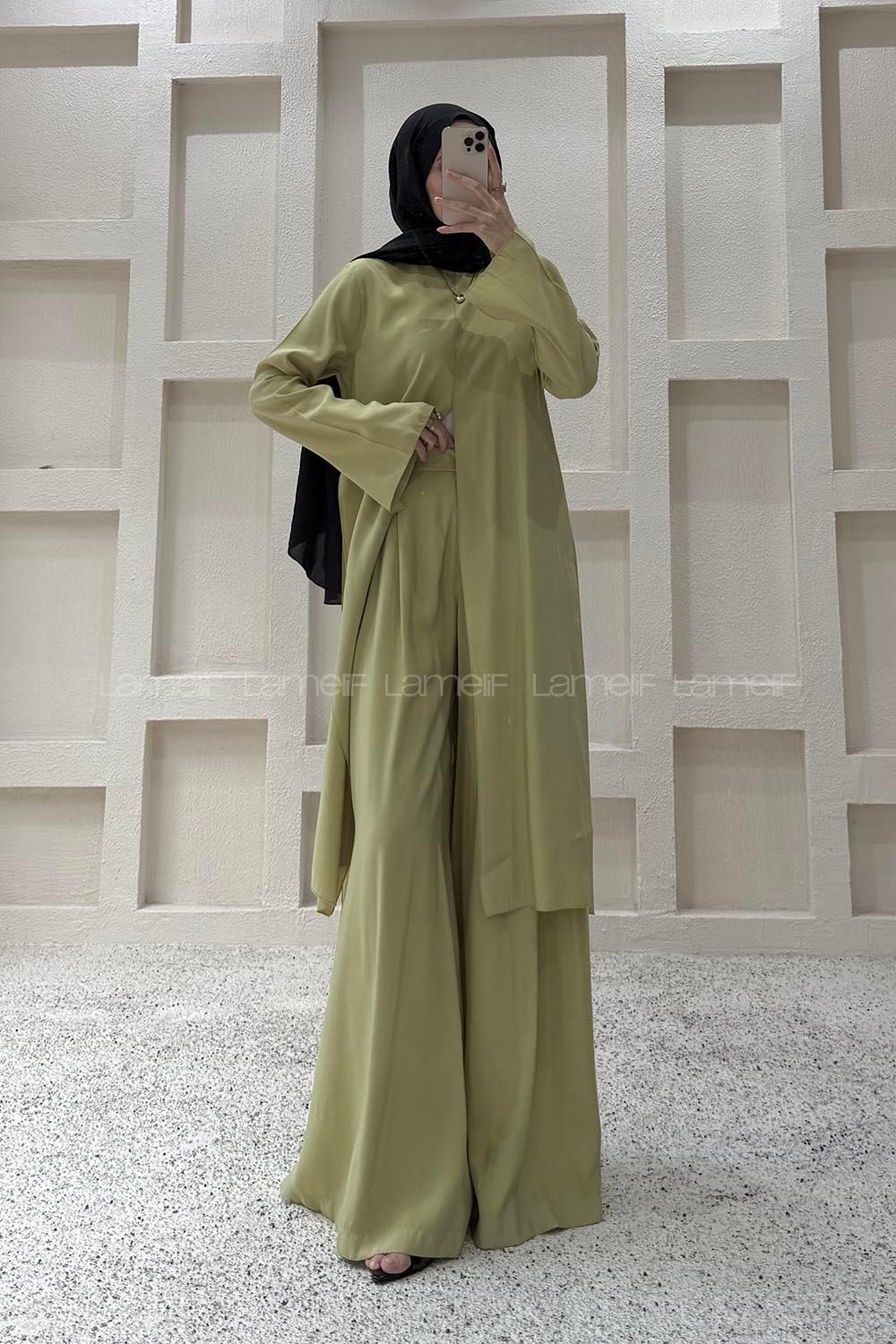 Oil Green Crew Neck Long Arm Modal Regular Trousers Comfortable Suit