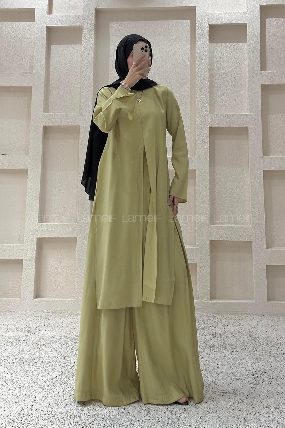 Oil Green Crew Neck Long Arm Modal Regular Trousers Comfortable Suit