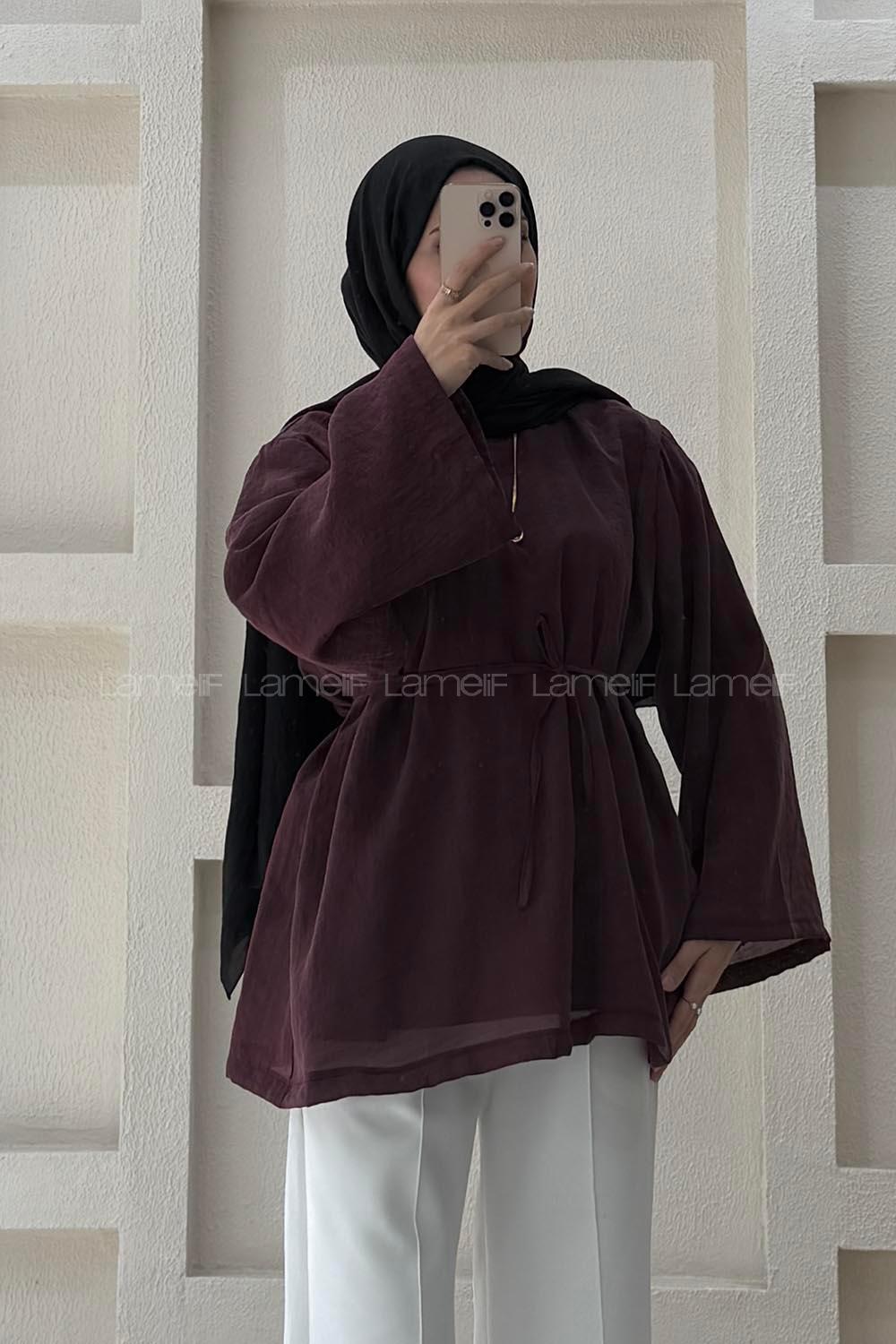 Lamelif Bağlama Detaylı Tül Modal Tunik Mürdüm