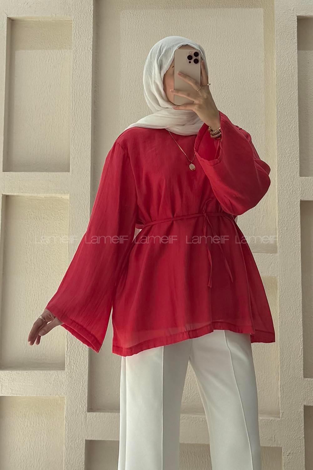 Lamelif Bağlama Detaylı Tül Modal Tunik Nar Çiçeği