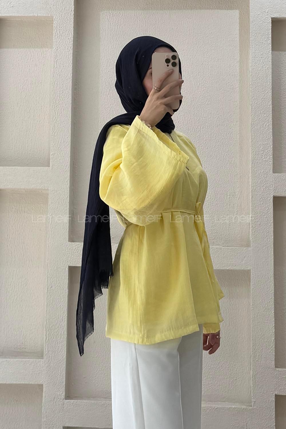 Lamelif Bağlama Detaylı Tül Modal Tunik Sarı