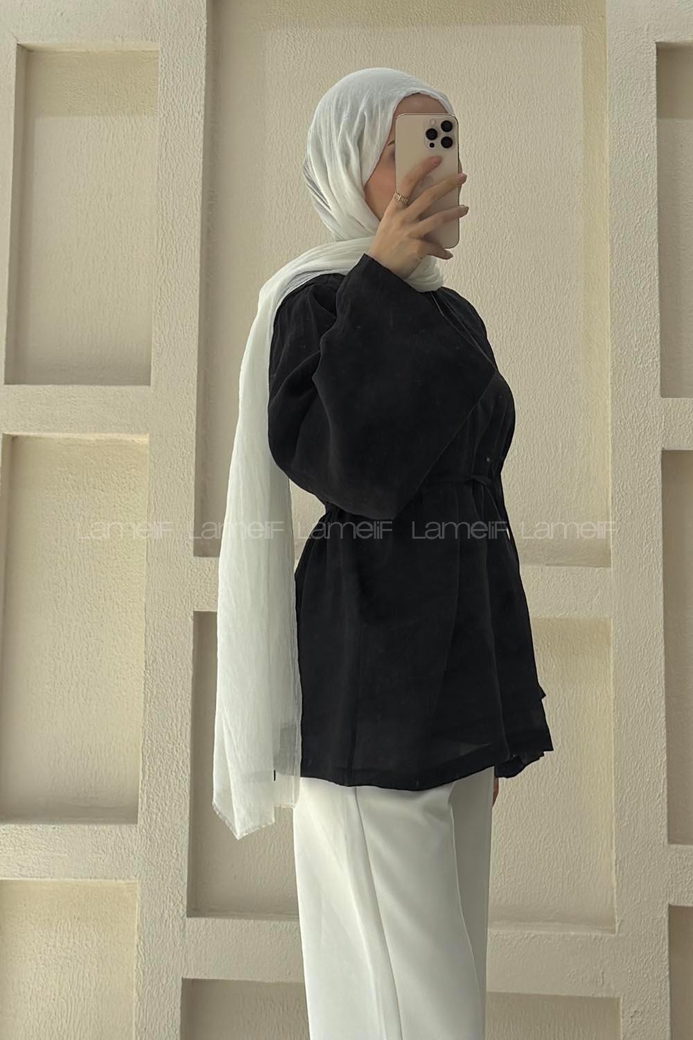 Lamelif Bağlama Detaylı Tül Modal Tunik Siyah