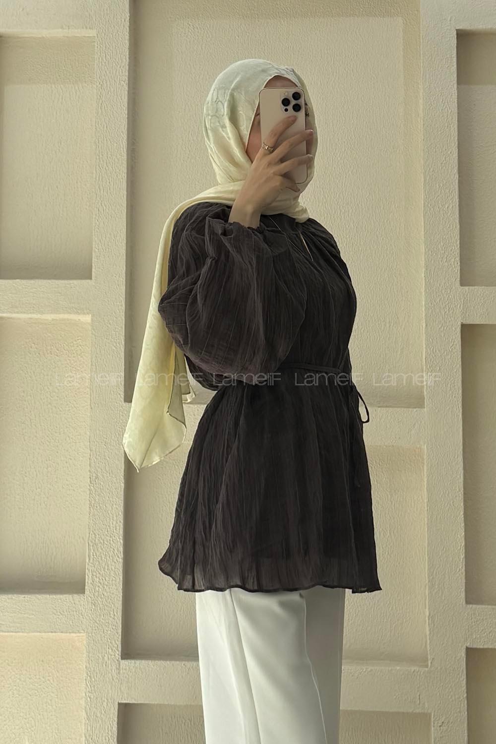 Lamelif Dik Yaka Çizgili Şifon Tunik Acı Kahve