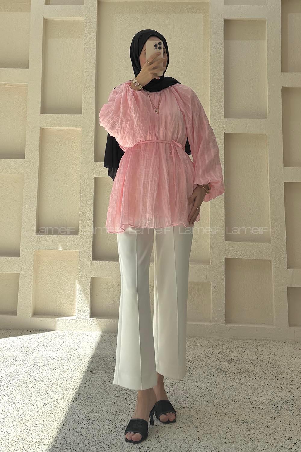Lamelif Dik Yaka Çizgili Şifon Tunik Pembe