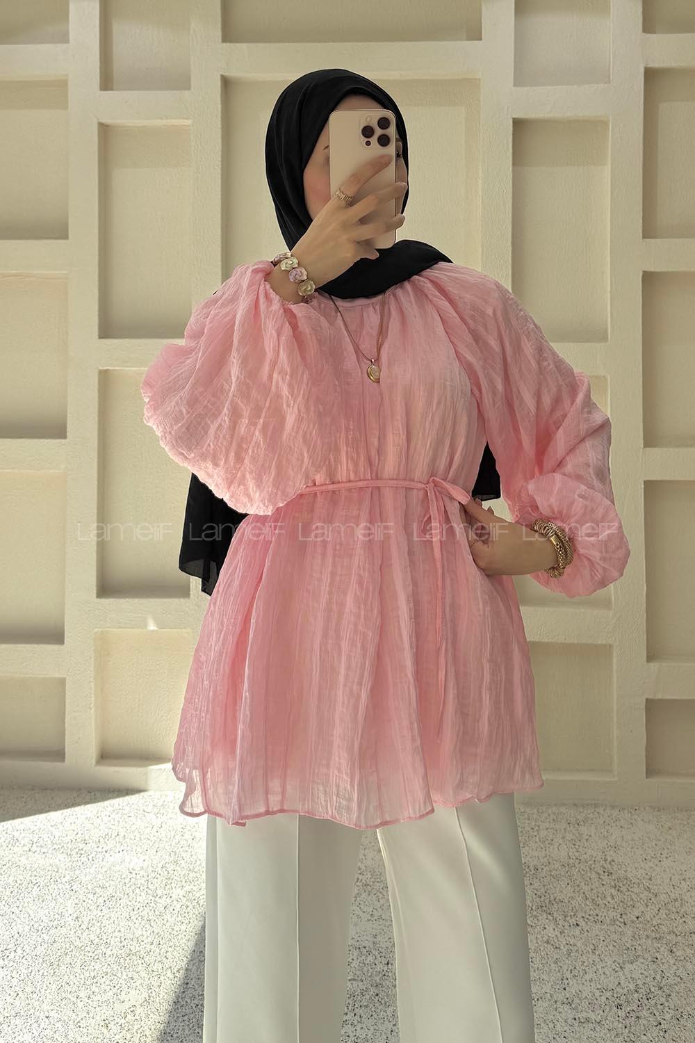 Lamelif Dik Yaka Çizgili Şifon Tunik Pembe
