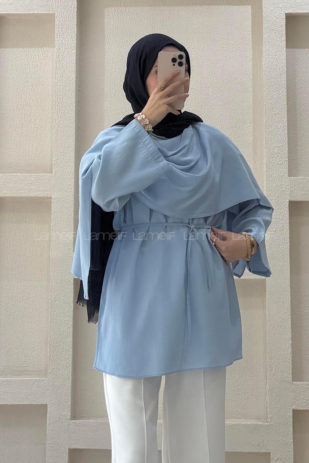 Lamelif Şal Detaylı Kemerli Tunik Mavi