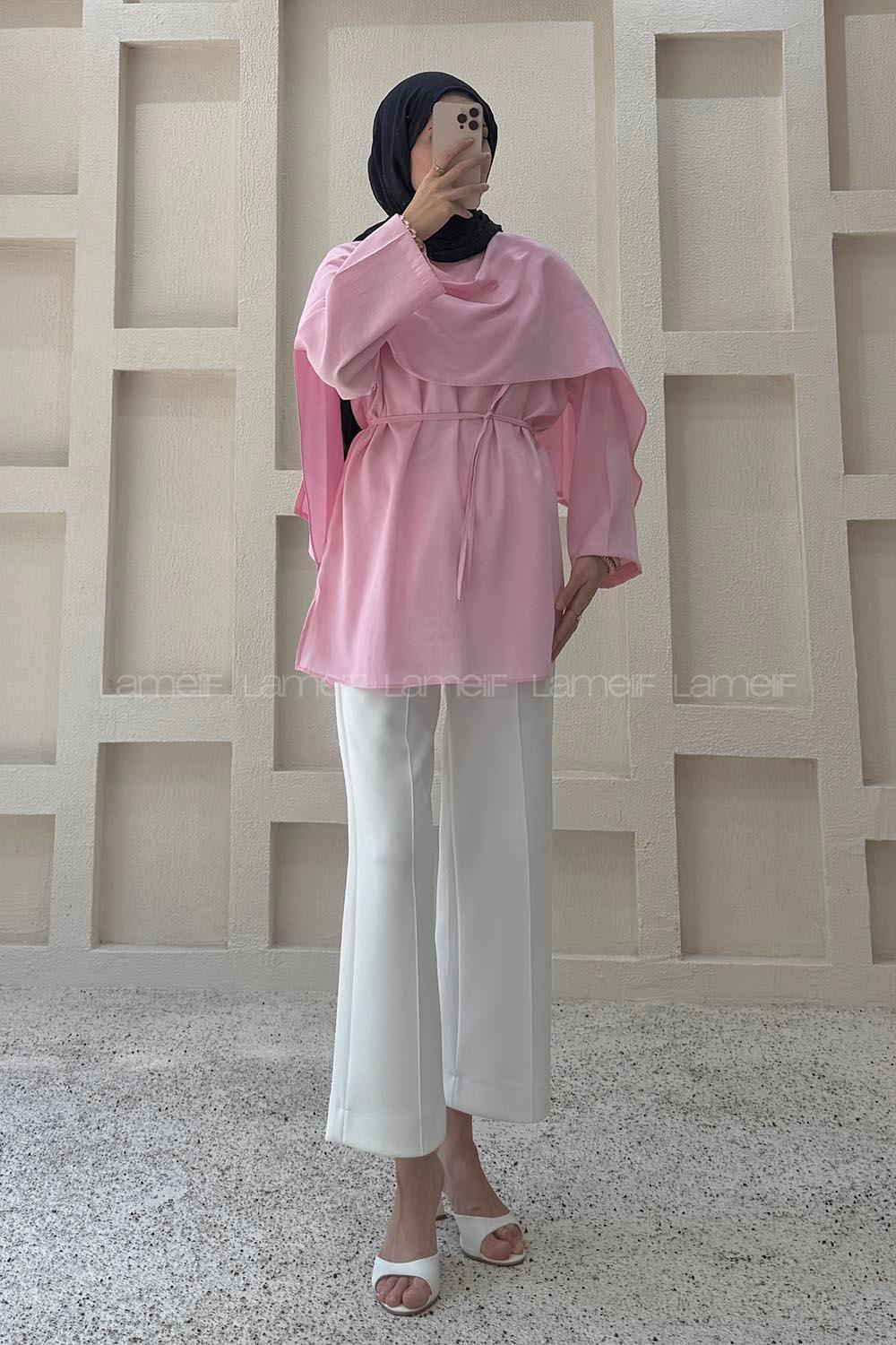 Lamelif Şal Detaylı Kemerli Tunik Pembe