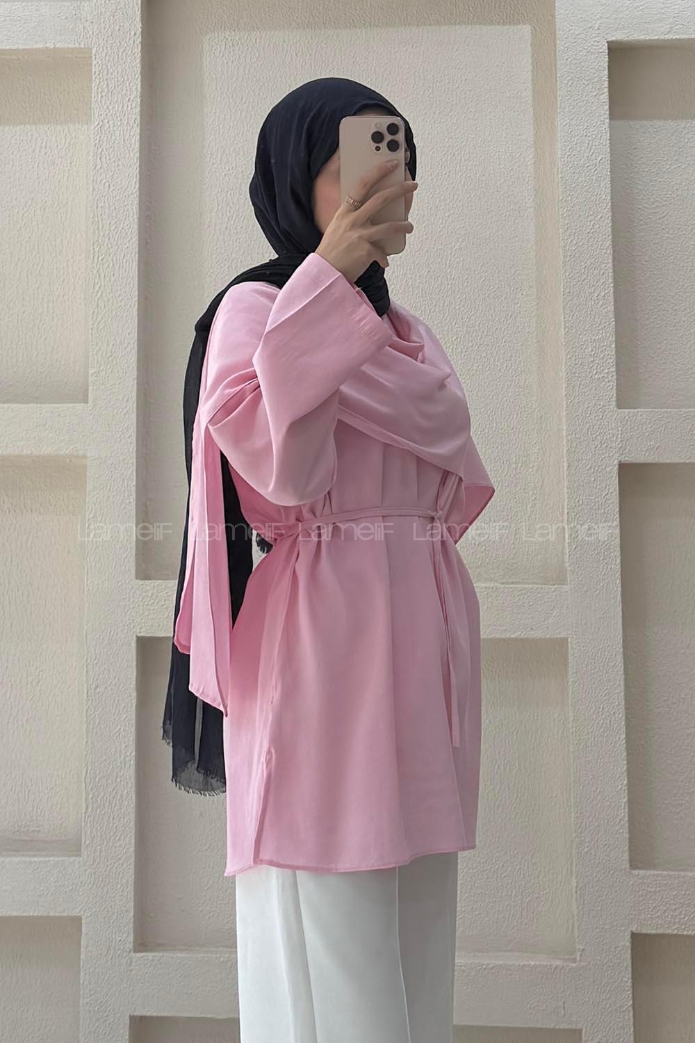 Lamelif Şal Detaylı Kemerli Tunik Pembe