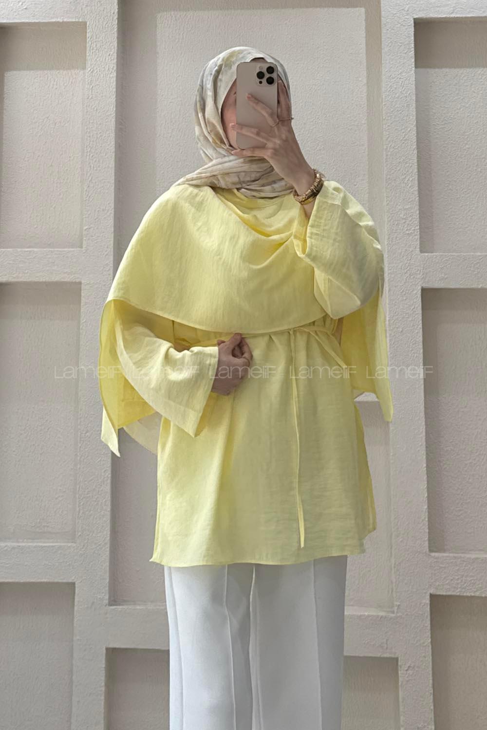 Lamelif Şal Detaylı Kemerli Tunik Sarı