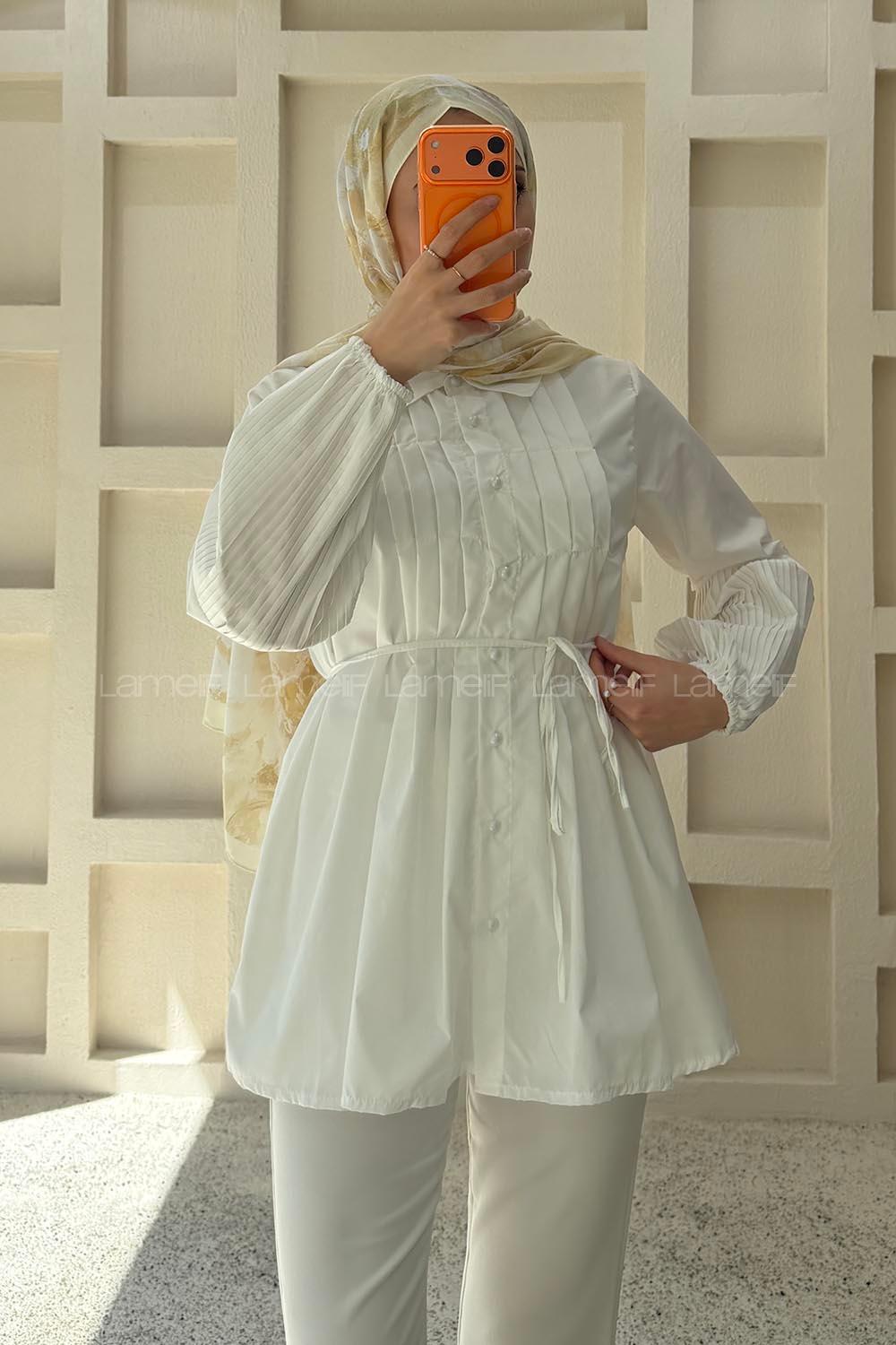 Lamelif İnci Detaylı Pileli Gömlek Beyaz