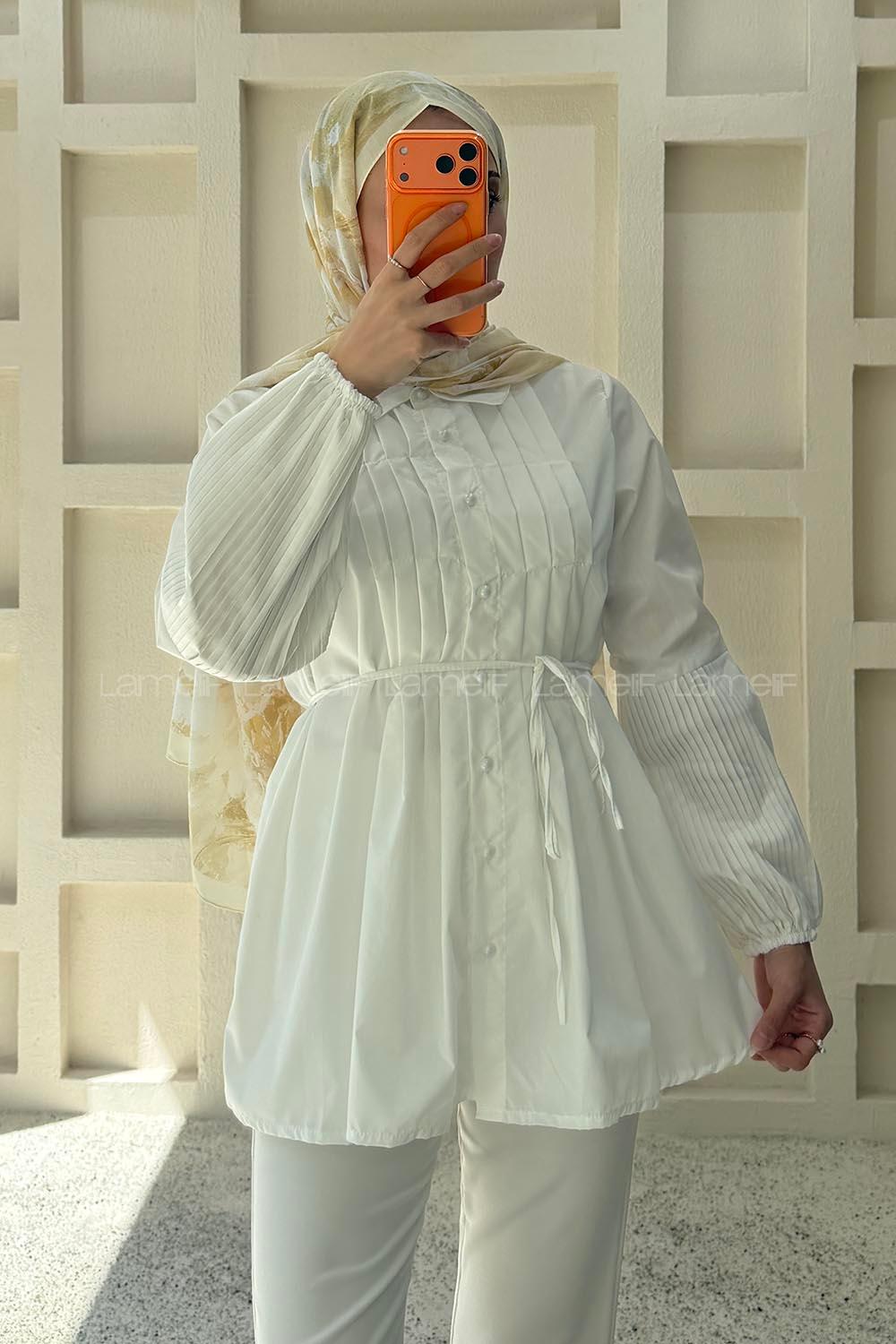 Lamelif İnci Detaylı Pileli Gömlek Beyaz