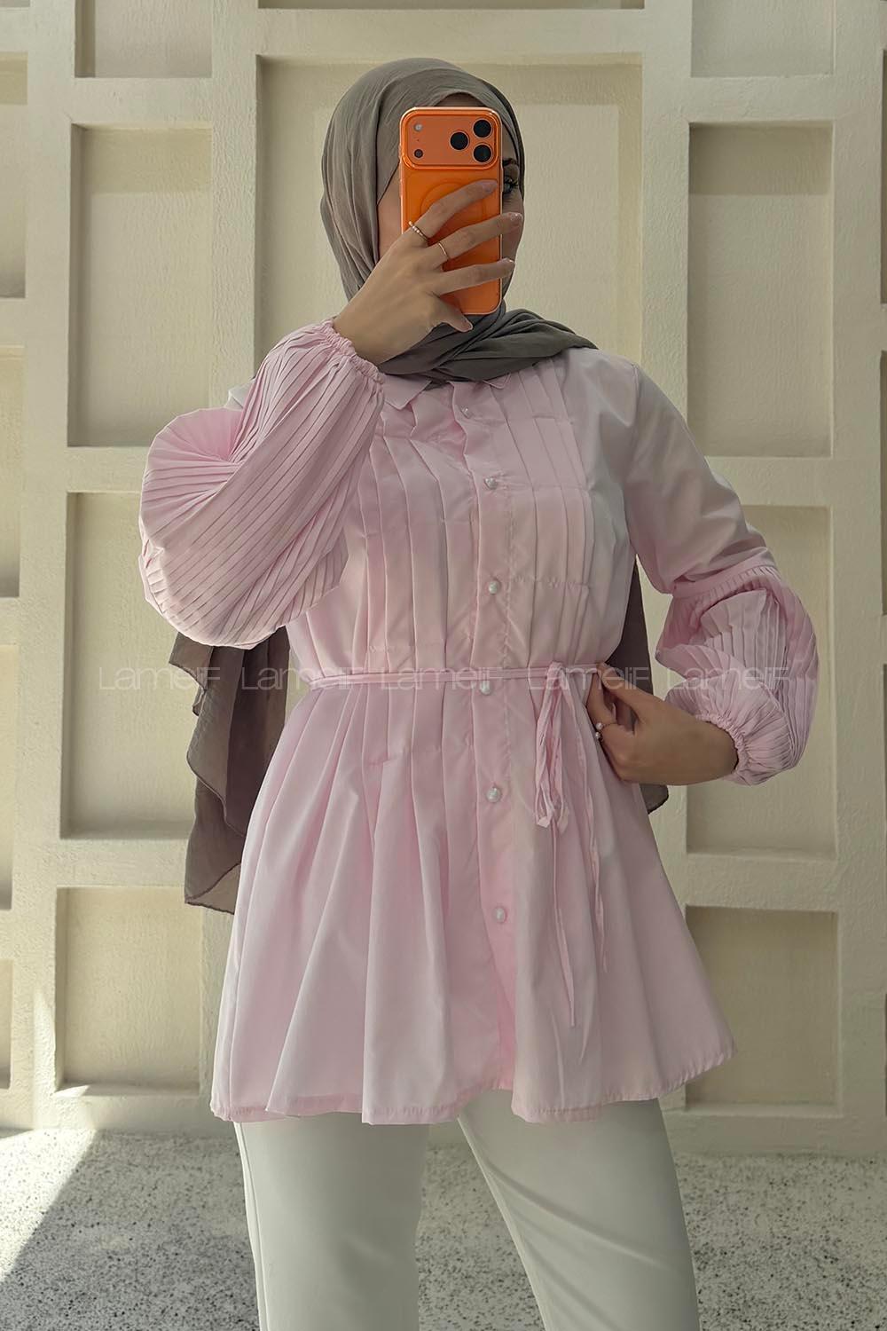 Lamelif İnci Detaylı Pileli Gömlek Pembe