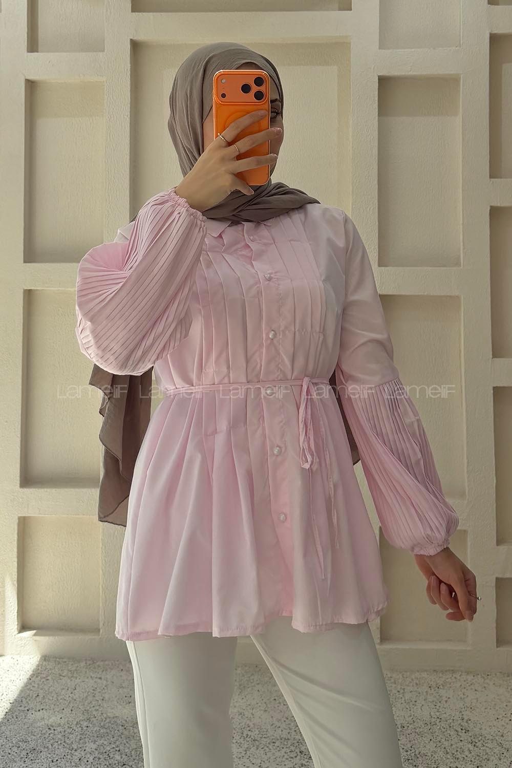 Lamelif İnci Detaylı Pileli Gömlek Pembe