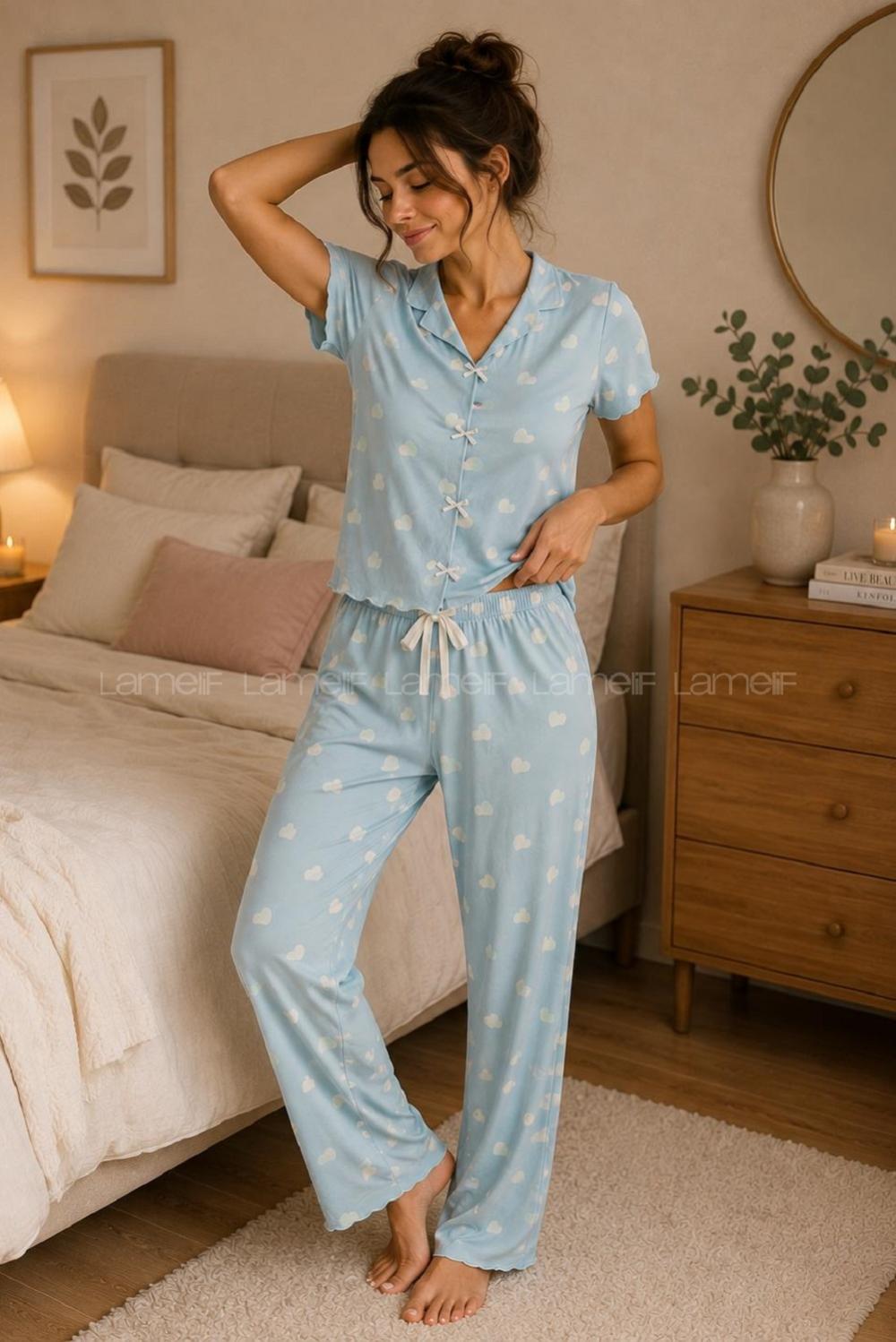 Lamelif Kadın Kalp Desenli Fiyonk Özel Dikiş Pijama Takımı