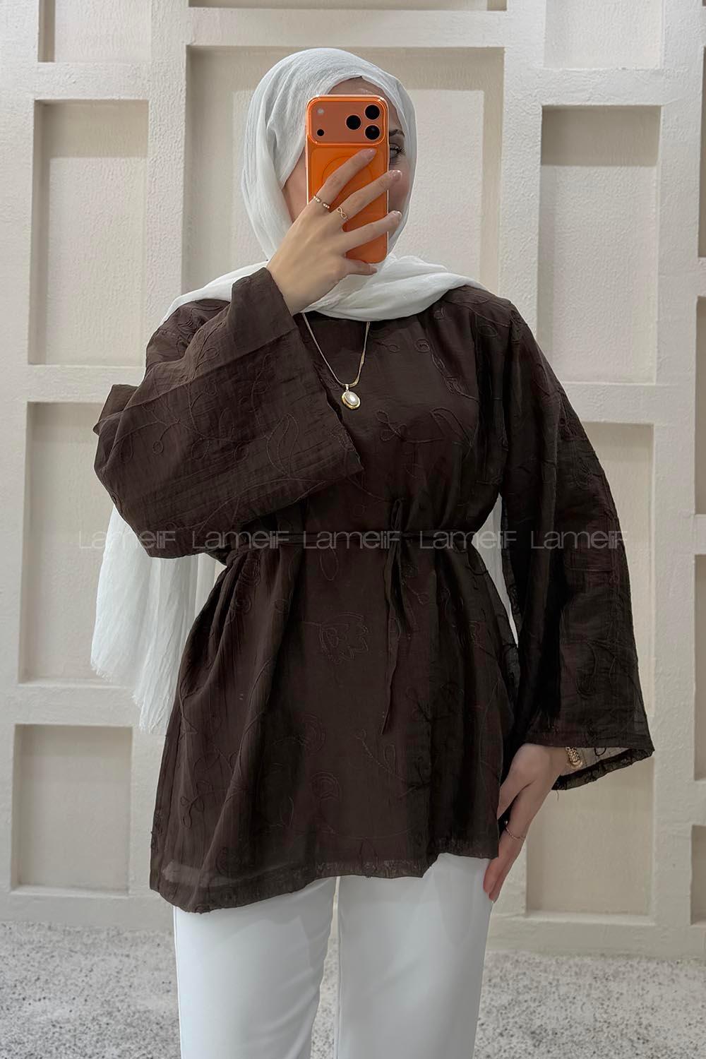 Lamelif Nakış İşlemeli Forties Gömlek Acı Kahve