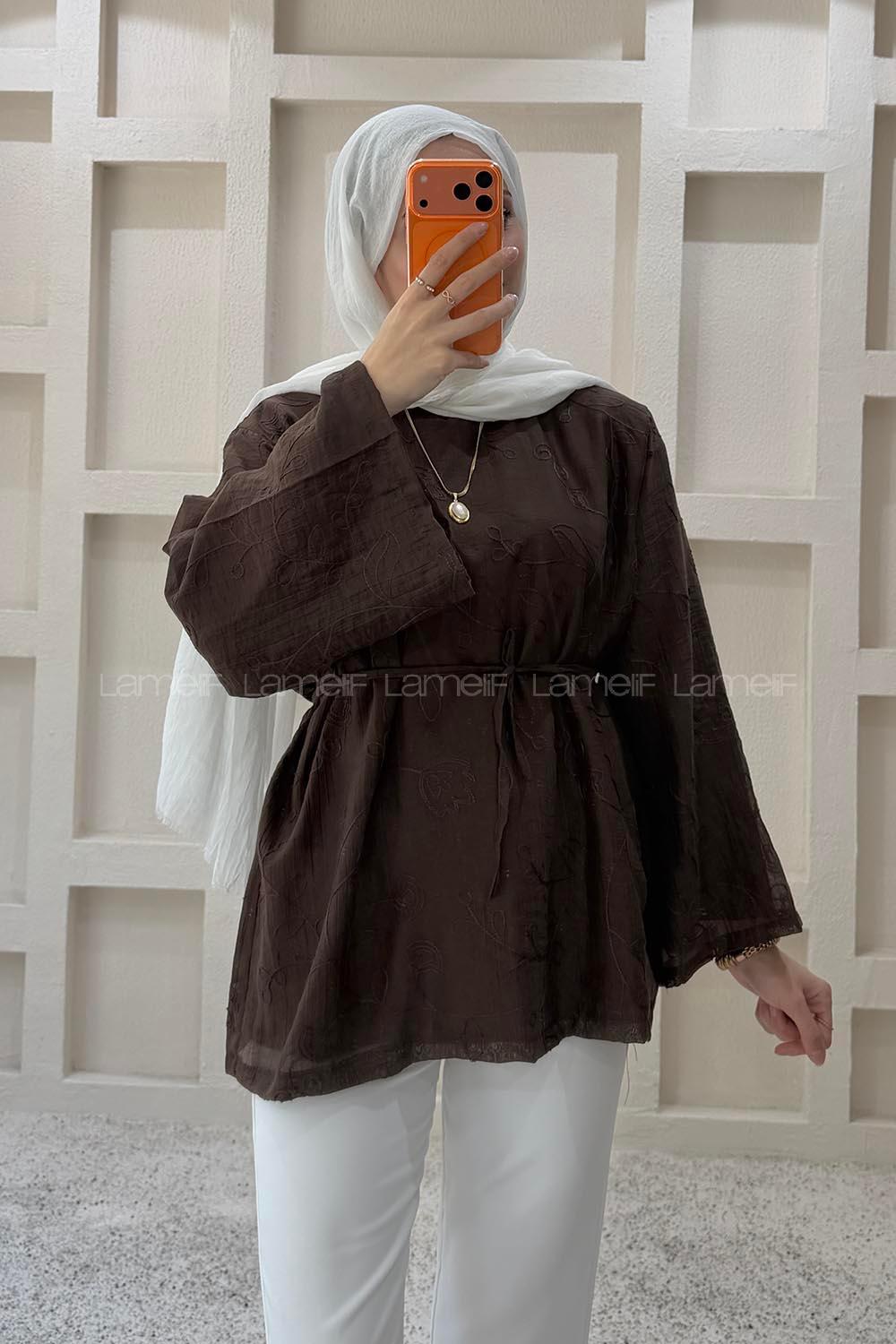 Lamelif Nakış İşlemeli Forties Gömlek Acı Kahve
