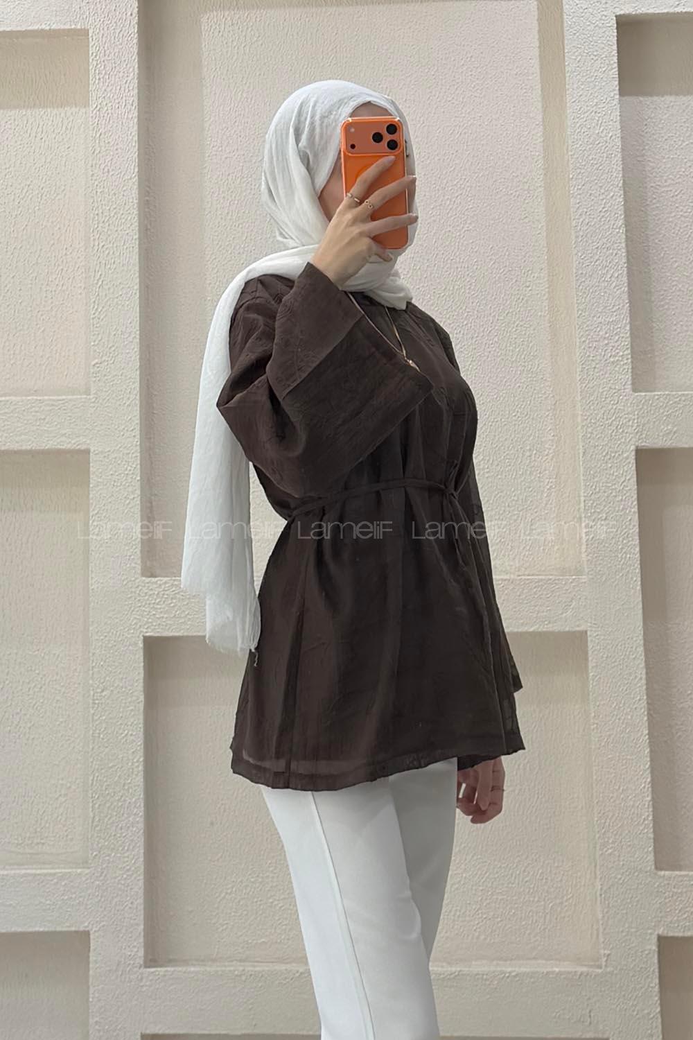 Lamelif Nakış İşlemeli Forties Gömlek Acı Kahve