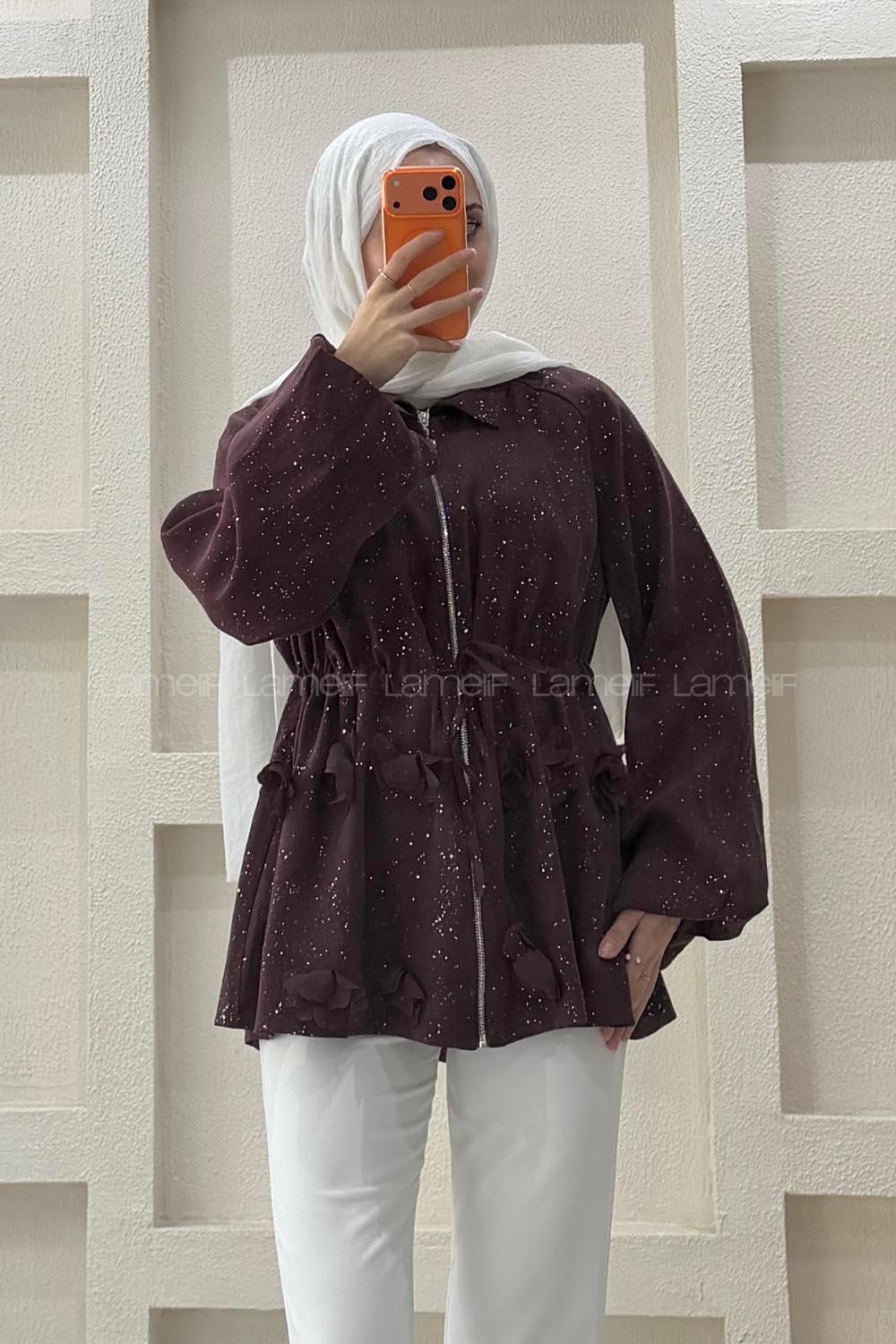 Lamelif Simli Papatya Detaylı Ceket Mürdüm