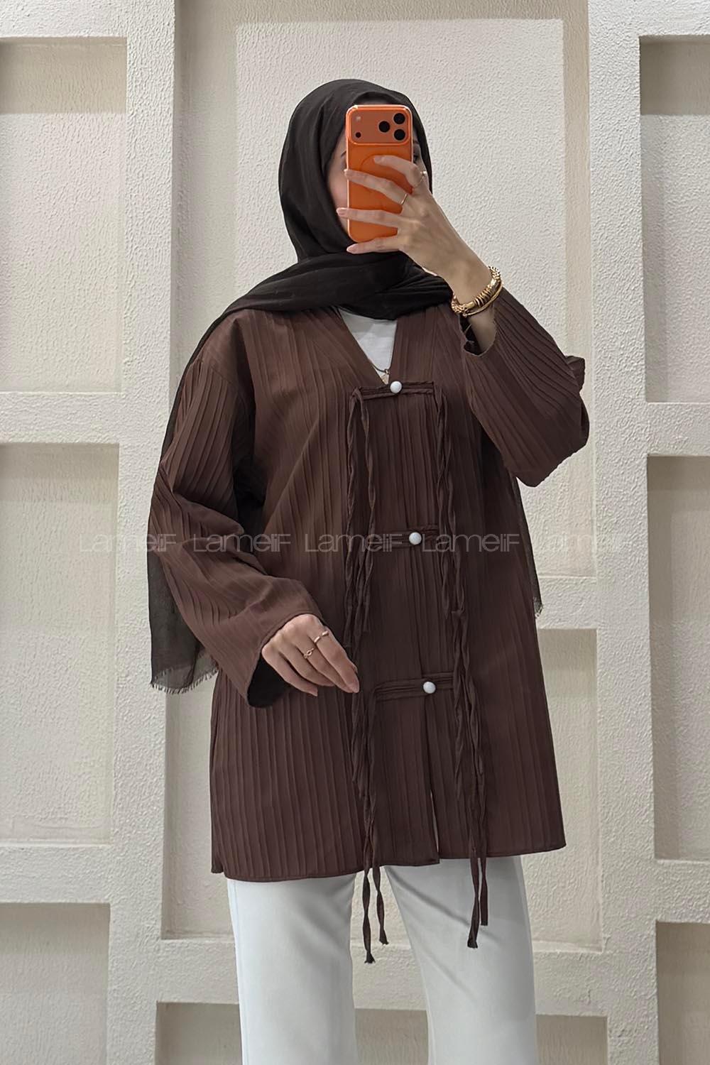Lamelif V Yaka Süslü Düğmeli Tunik Kahverengi