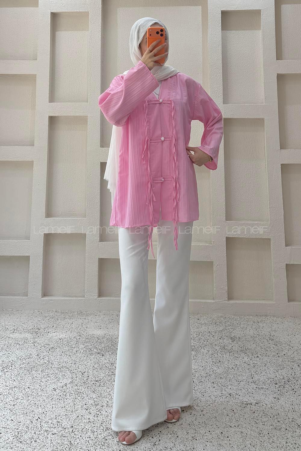 Lamelif V Yaka Süslü Düğmeli Tunik Pembe