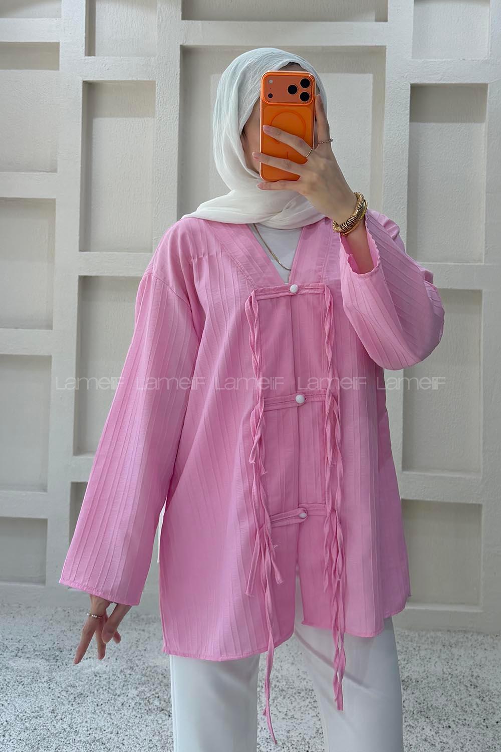 Lamelif V Yaka Süslü Düğmeli Tunik Pembe