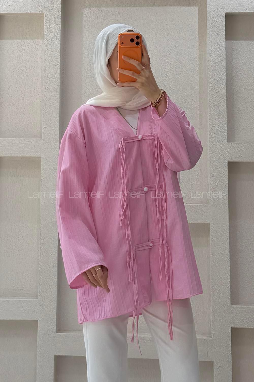 Lamelif V Yaka Süslü Düğmeli Tunik Pembe