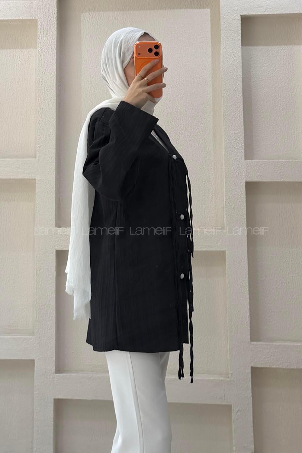 Lamelif V Yaka Süslü Düğmeli Tunik Siyah