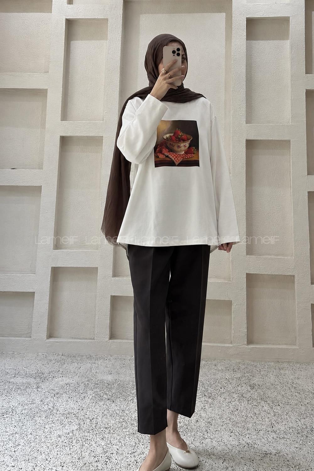 Lamelif Basic Oversize Çilek Baskılı Bluz Beyaz