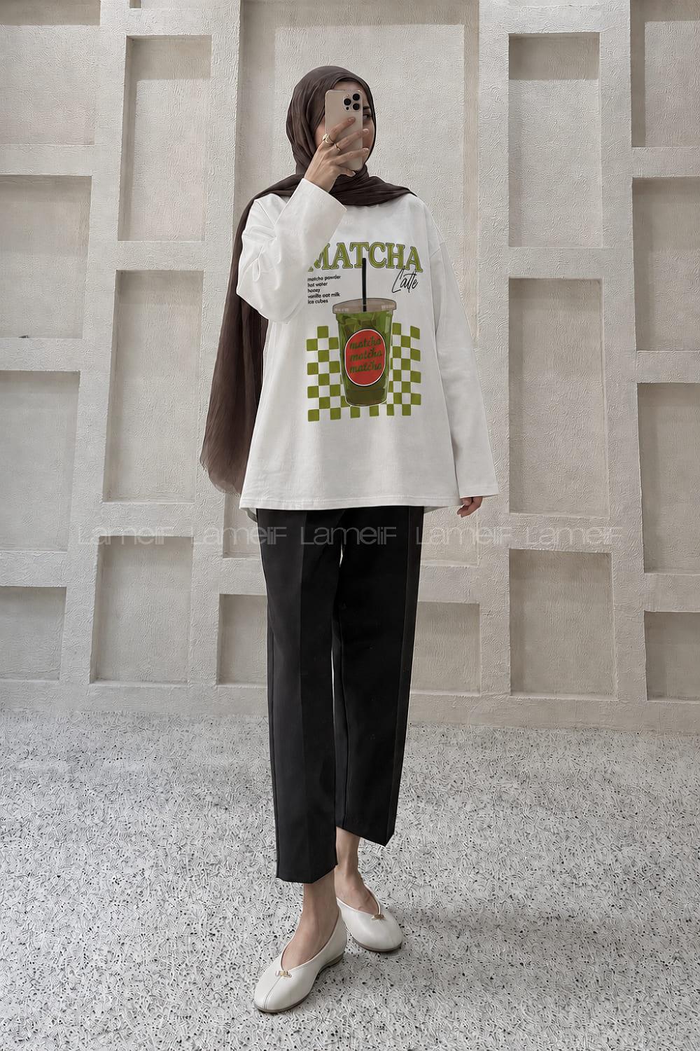 Lamelif Basic Oversize Matcha Baskılı Bluz Beyaz