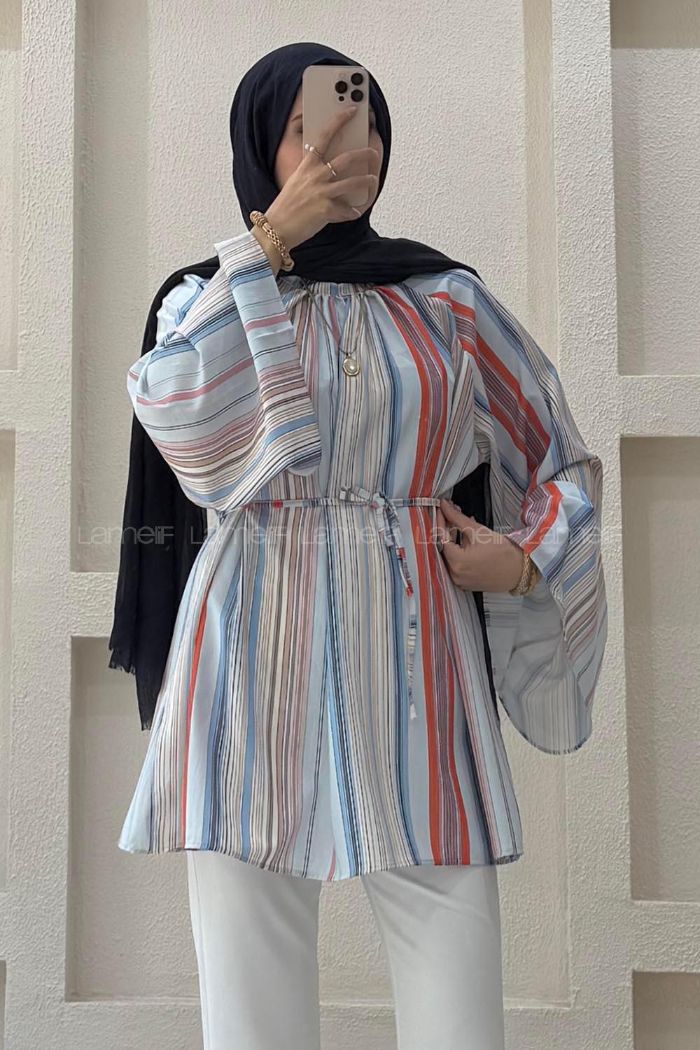 Lamelif Çizgili Bağlama Detaylı Gömlek Mavi