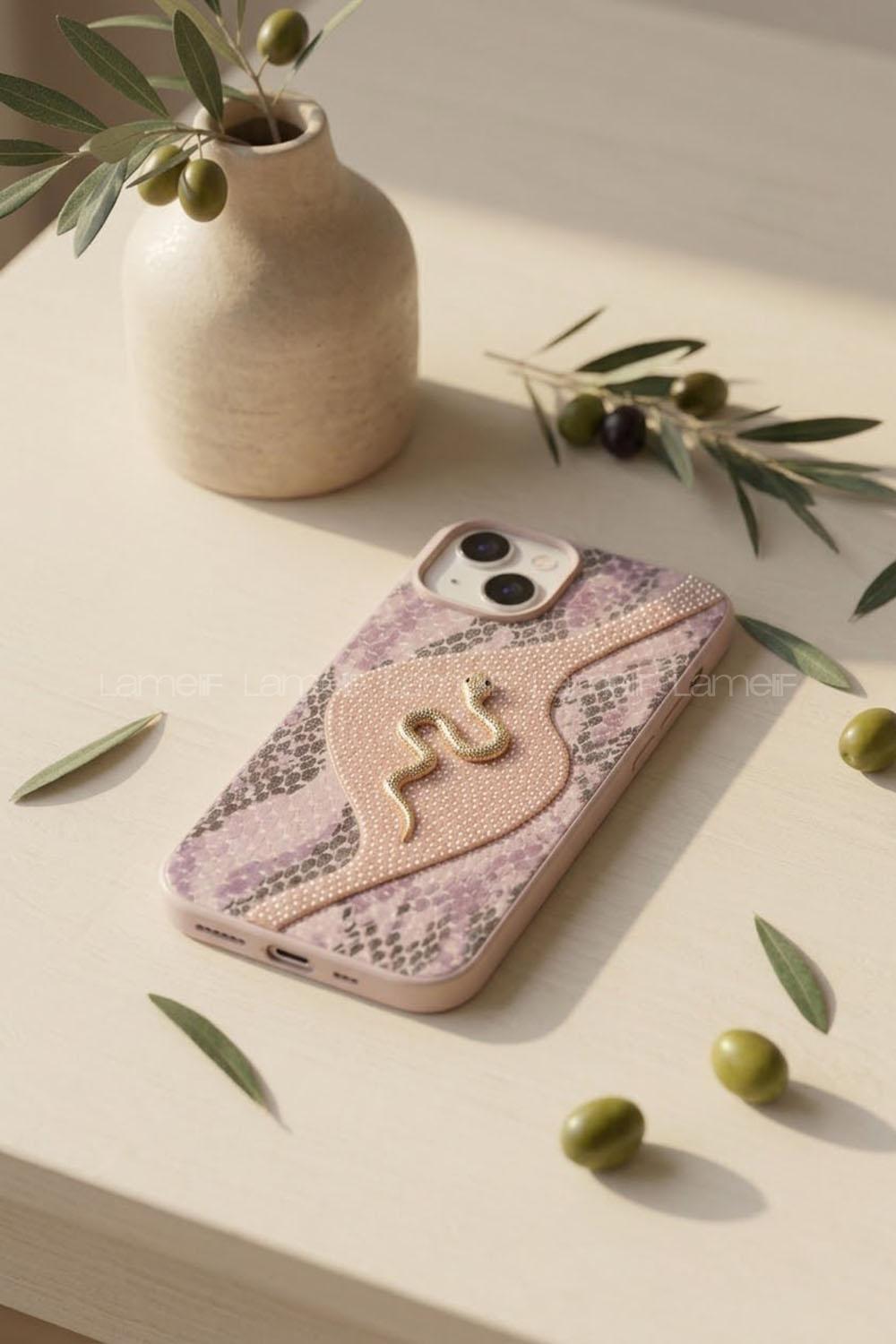 Lamelif iPhone 13/14 Altın Yılan Figürlü  Telefon Kılıfı