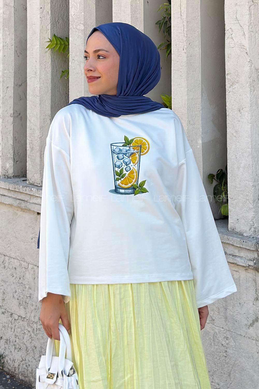Lamelif Basic Oversize Limon Baskılı Bluz Beyaz