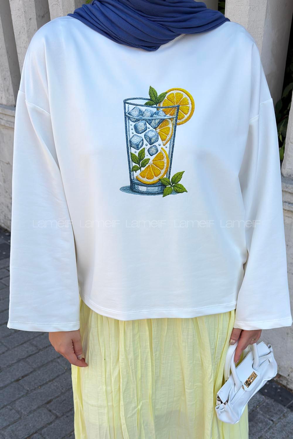 Lamelif Basic Oversize Limon Baskılı Bluz Beyaz