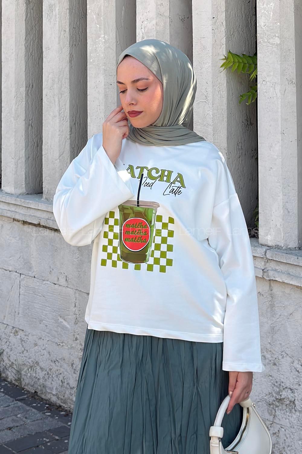 Lamelif Basic Oversize Matcha Baskılı Bluz Beyaz